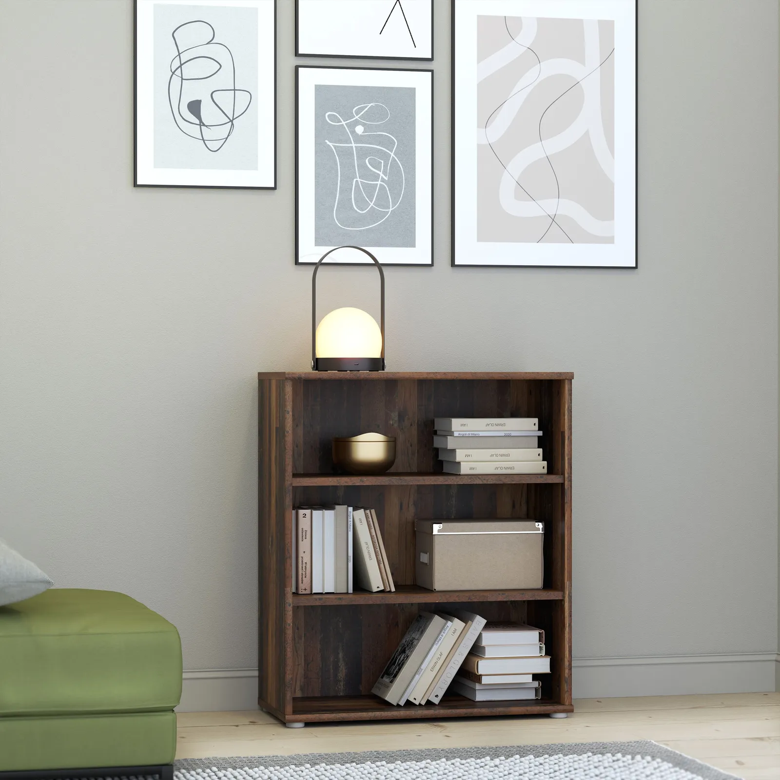 Furniture To Go Essential Low Wide 2 Shelf Bookcase in Vintage Oak in Dark Brown 4