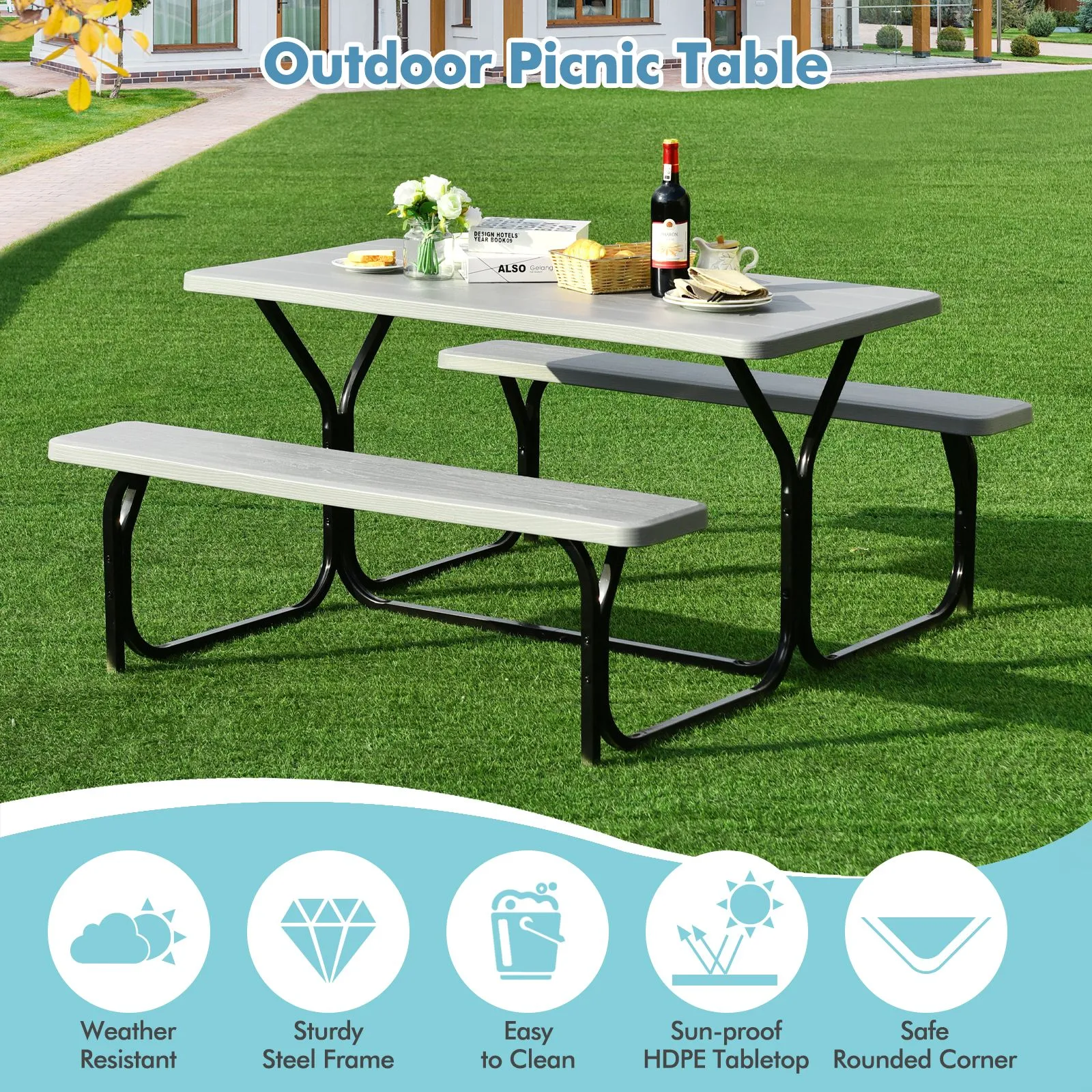 Costway Outdoor Picnic Table Bench Set Garden Dining Table & Bench Sets in Grey 4