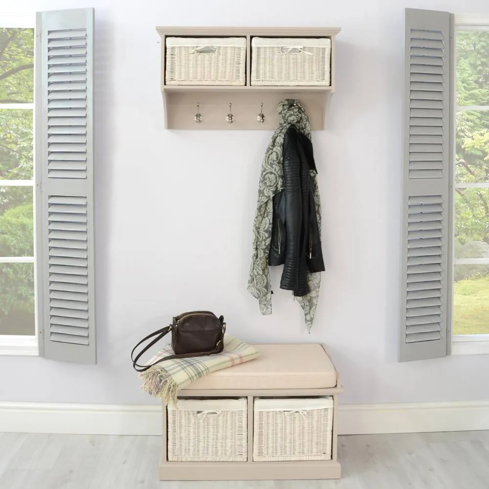 Statement Furniture Tetbury 2 White Wicker Basket & Cream Cushion Hallway Set in Taupe
