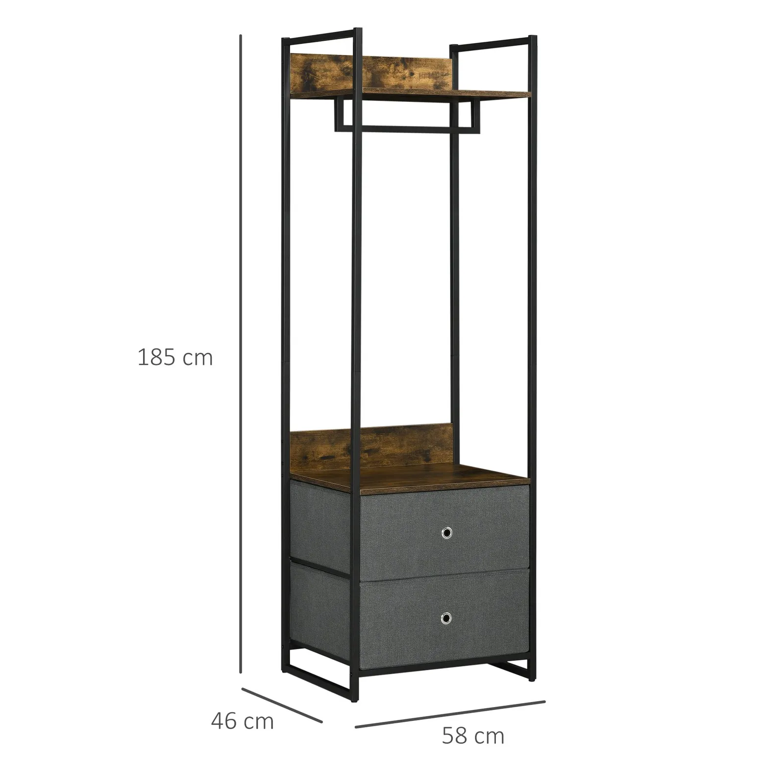 HOMCOM Industrial Clothes Rail Garment Rack with 2 Fabric Drawers Rustic Brown in Dark Brown 3