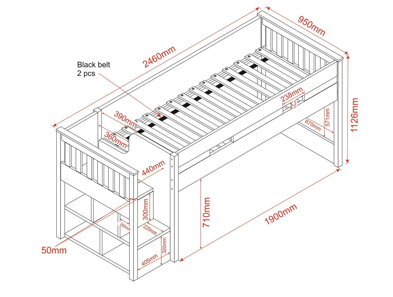 Flair Charlie Staircase Mid Sleeper Cabin Bed in White 4