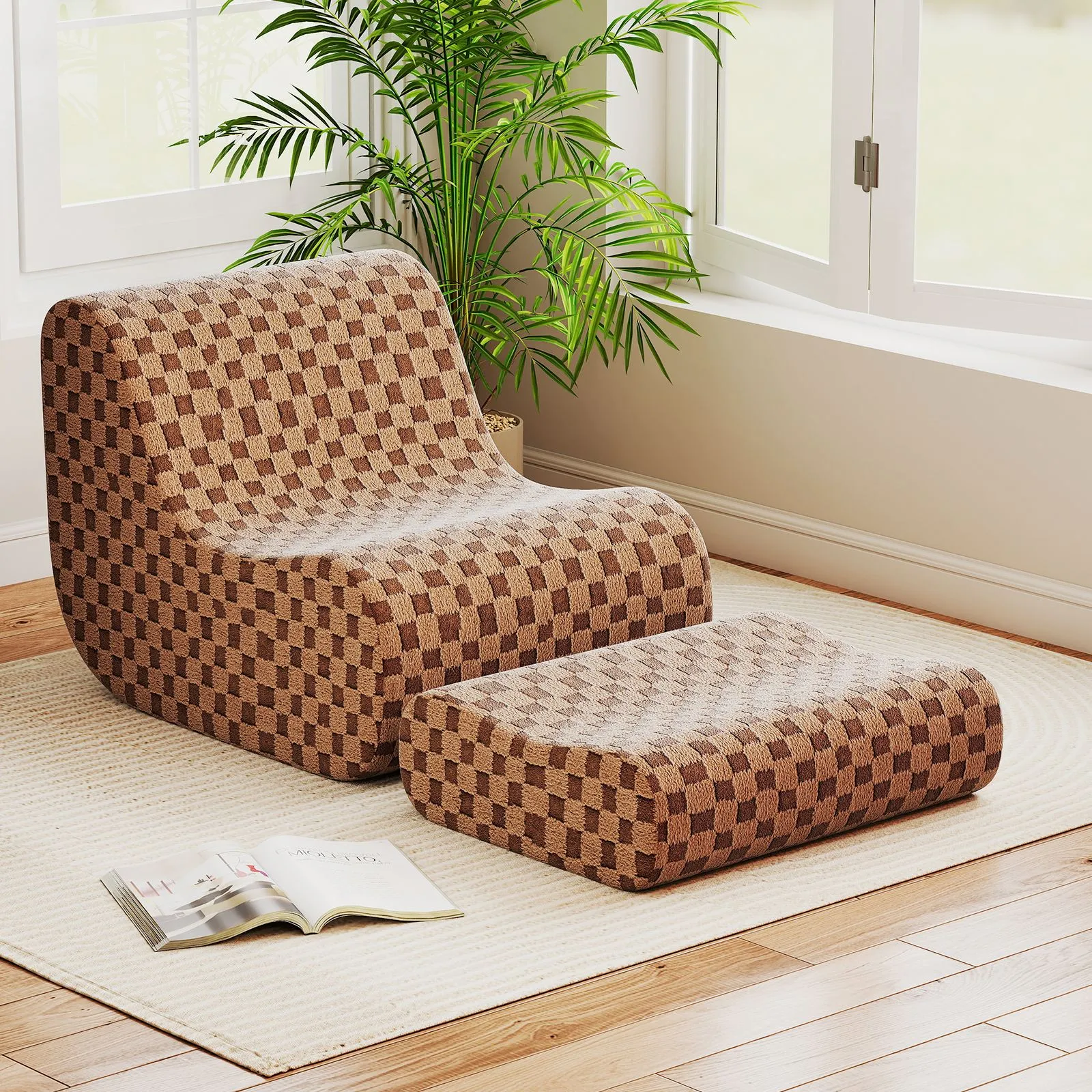 Costway Accent Bean Bag Chair w/ Ottoman Lazy Sofa Chair Set w/ Washable Cover in Brown 2