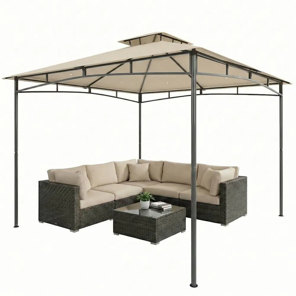 OUTSUNNY 3 x 3 m Gazebo, Outdoor Gazebo Canopy with 2-Tier Roof in Beige 2