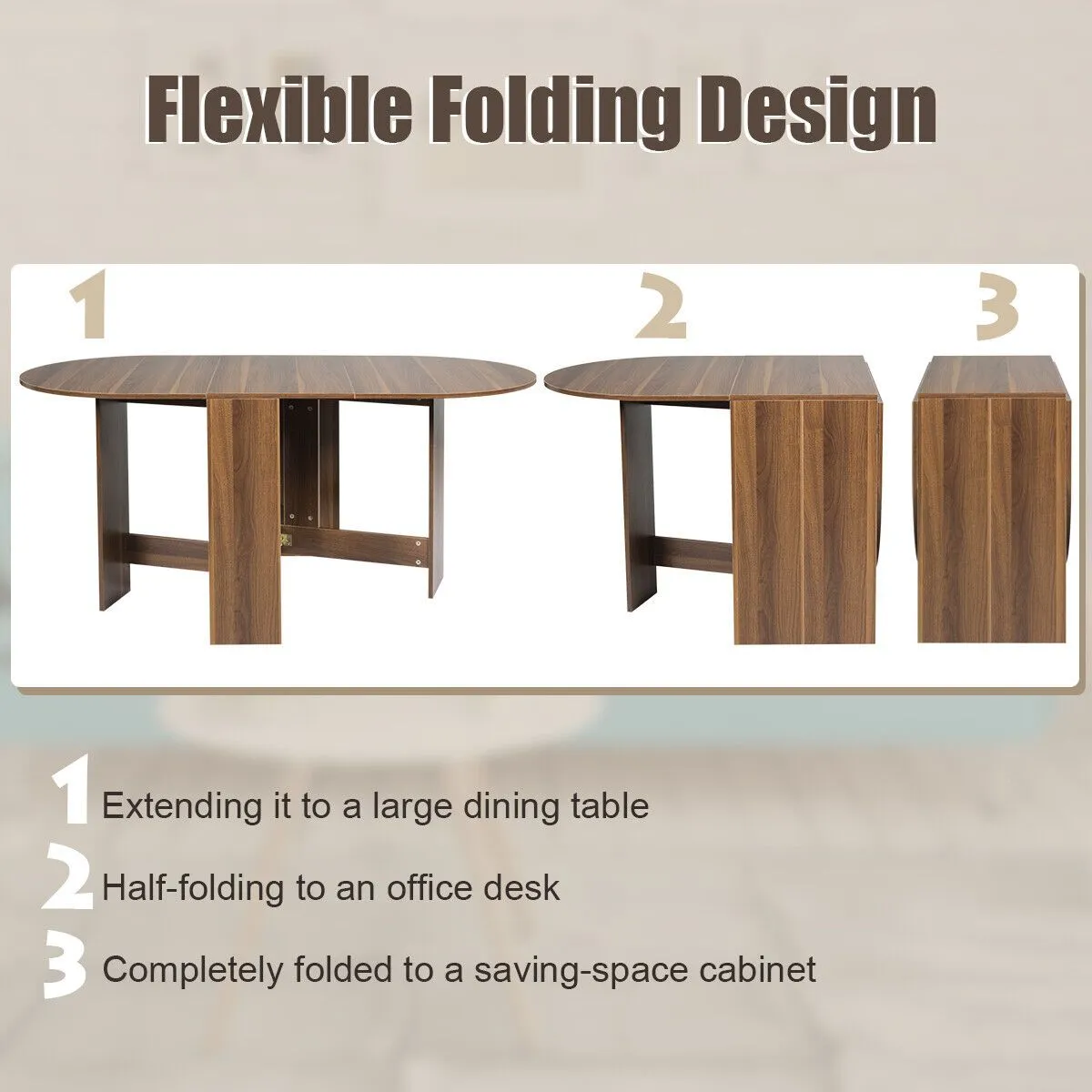Costway 3in1 Folding Dining Coffee Table Drop Leaf Table Writing Desk for 4 to 6 People in Brown 3