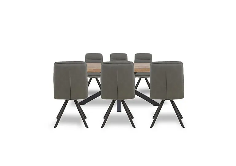 Njord 160cm Compact Raw Edge Dining Table with Metal Star Base and 6 Grey Faux Leather Swivel Chairs - Old Bassano