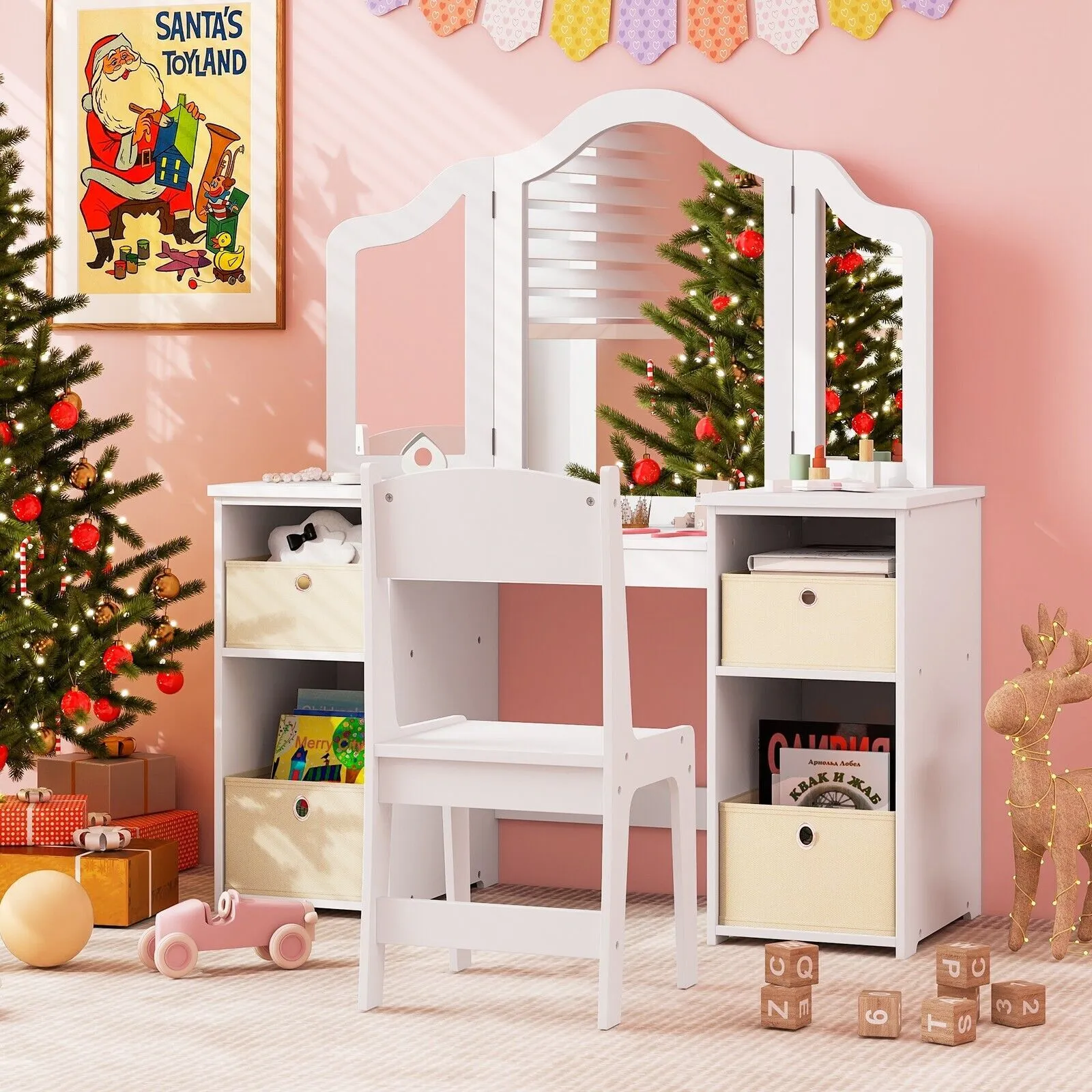 Costway 2-in-1 Dressing Table & Chair Set Vanity Table Desk w/ Removable Mirrors in White 3