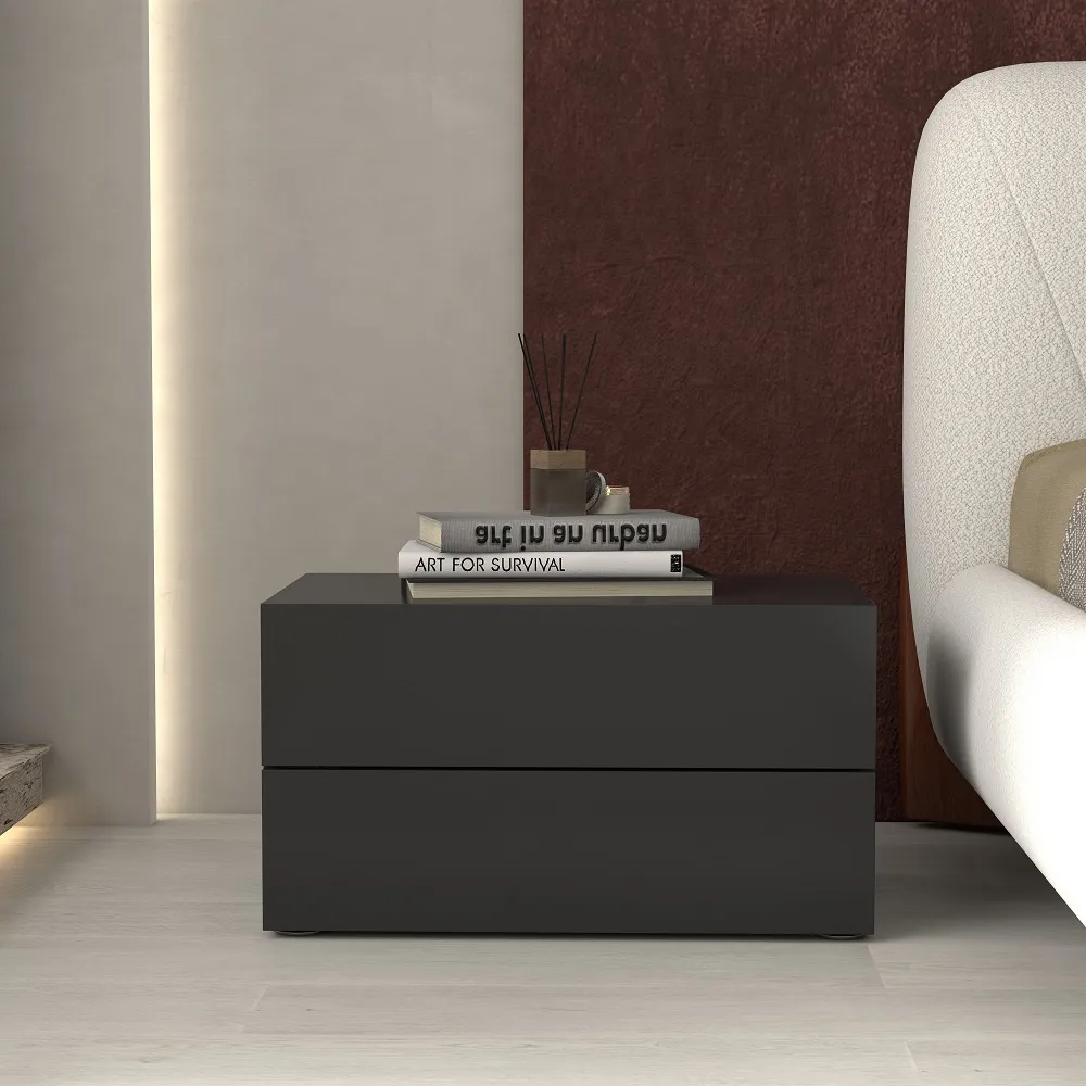600 mm Modern Minimalist Black Bedroom Bedside Table with 2 Drawers