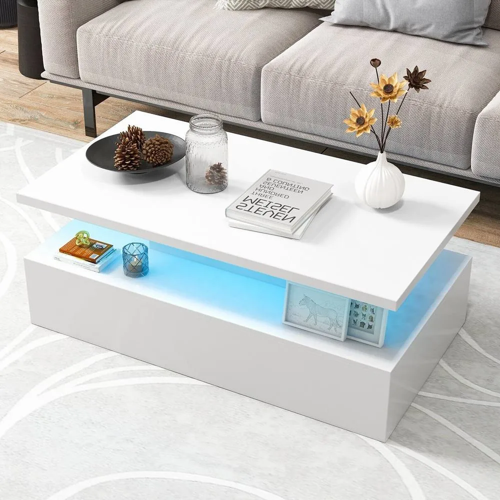 Costway 2-Tier Coffee Table Modern Cocktail Table Side Table W/ LED light in White 4