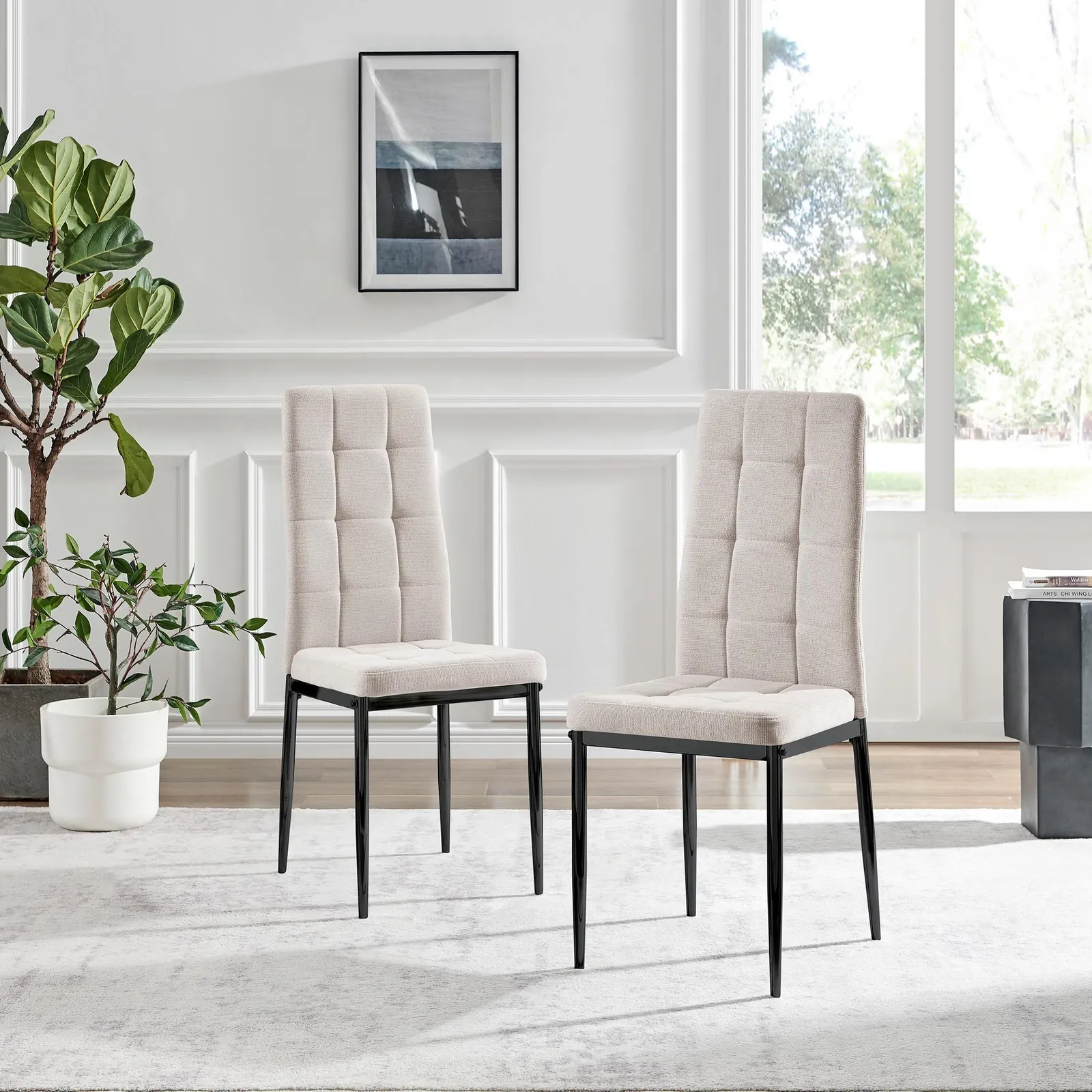 FurnitureboxUK Set 2 Paloma Modern Fabric Dining Chairs On Black Legs in Cream 2