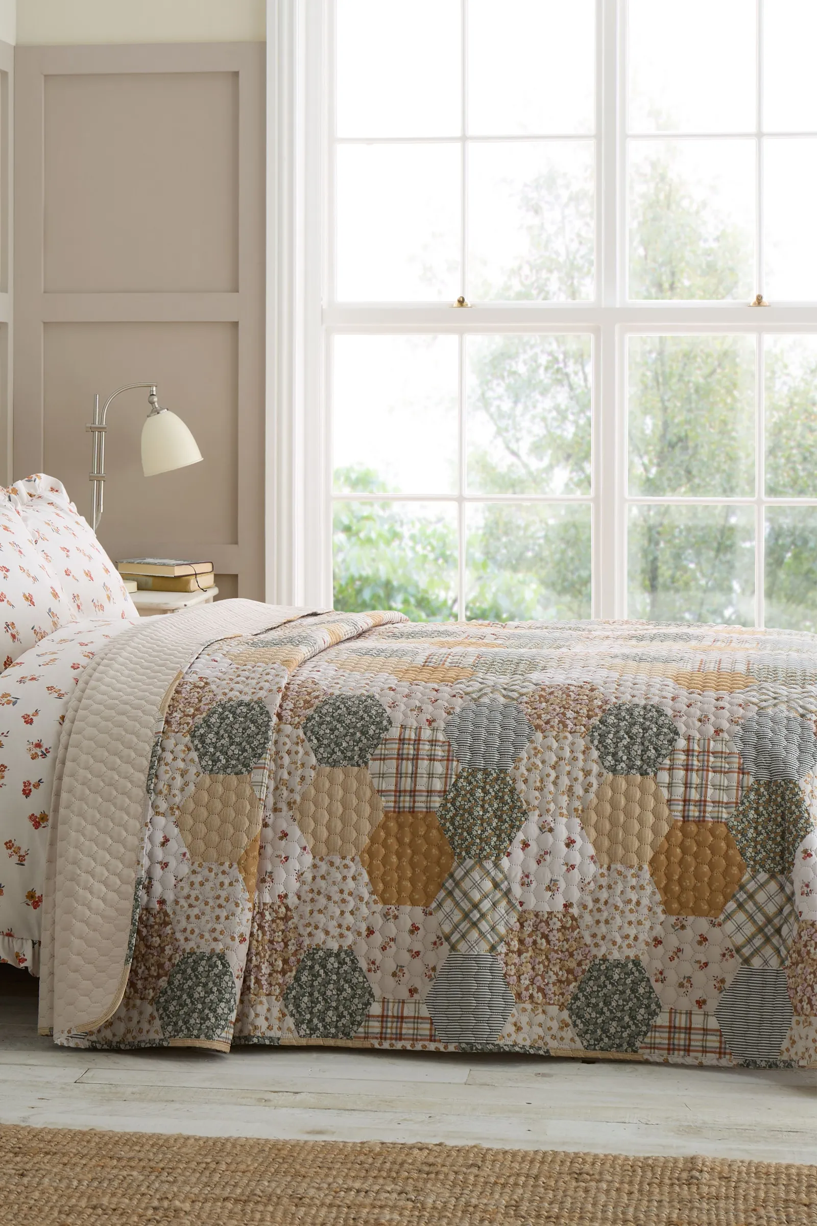 Catherine Lansfield 'Floral Patchwork' Quilted Bedspread in Natural