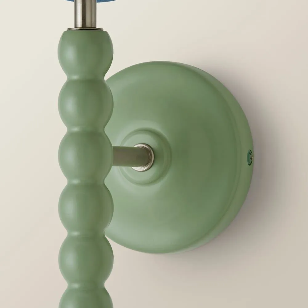 ValueLights Bobbins Pair of Green Wall Lights & Linen Trim Lamp Shades & Bulbs in Pale Blue 5