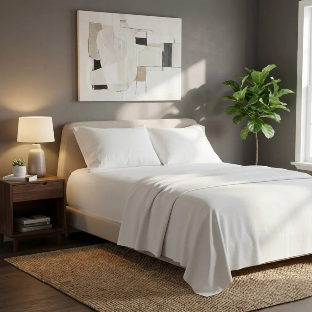 Snug City Soft Plain Brushed Cotton Fitted Flat Sheet Matching Pillowcases Set in White