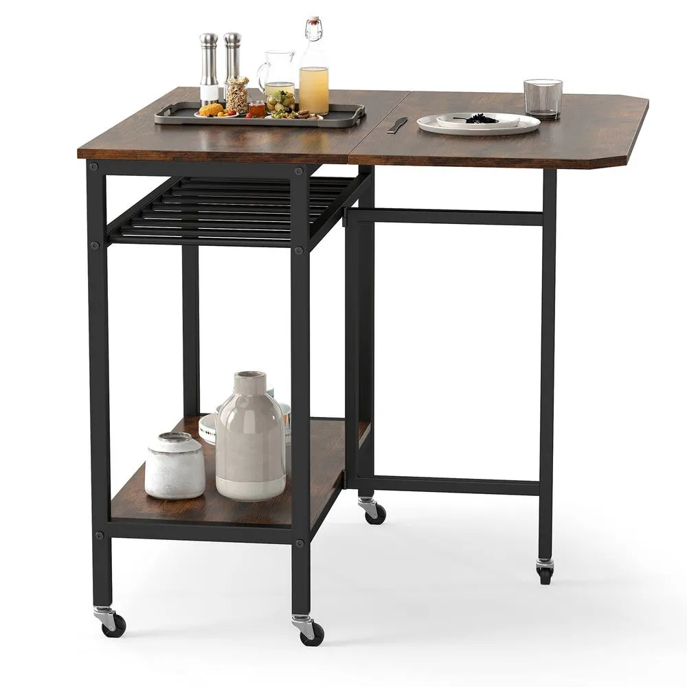 Costway Folding Dining Table Movable Kitchen Table with Wine Rack in Brown