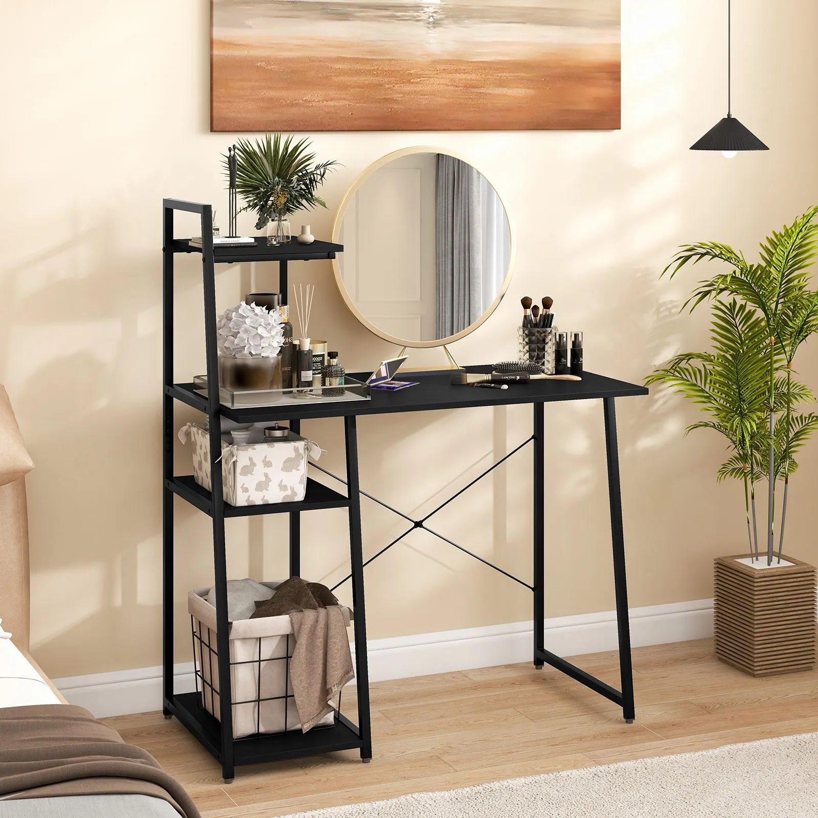 Costway Home Office Desk Computer Desk PC Laptop Table w/ Bookshelf & Host Stand in Black 3
