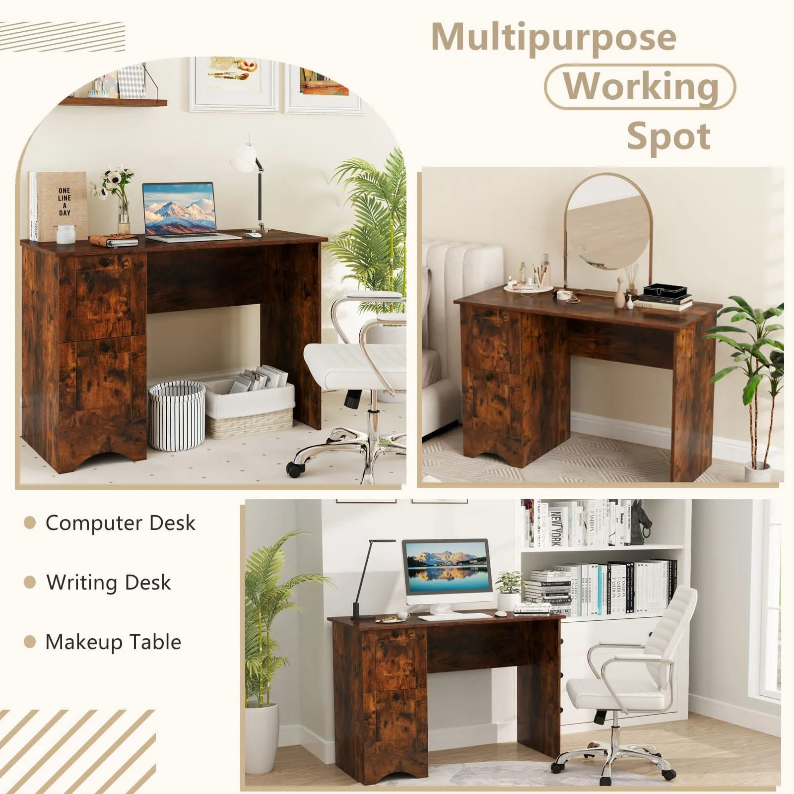 Costway Computer Desk Home Office Writing Study Desk with 2 Drawers-Brown in Brown 4