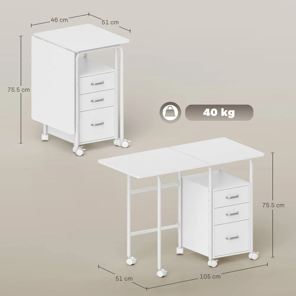 HOMCOM 105 x 51 cm Foldable Computer Desk with 3 Drawers, White 3