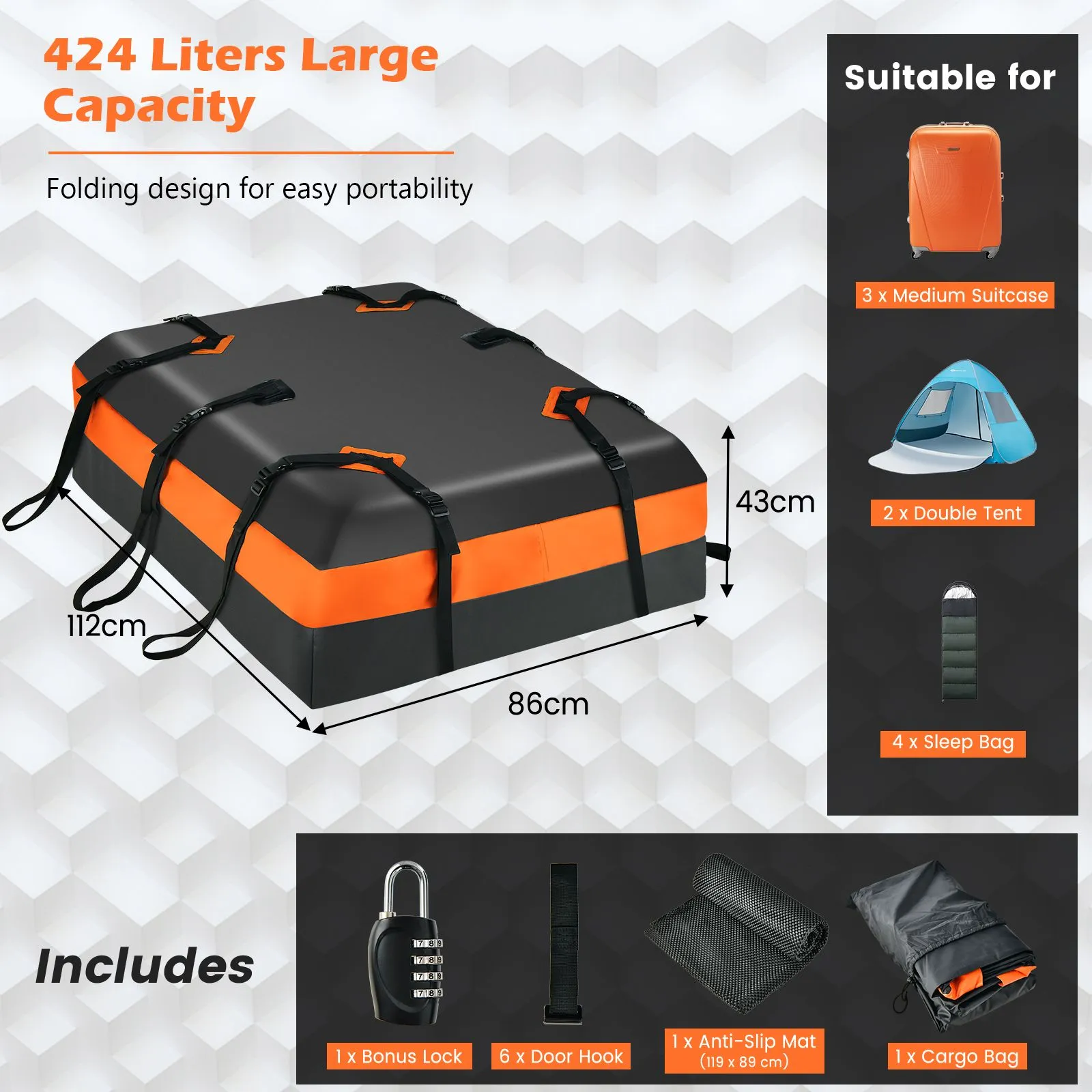 Costway 424L Large Car Roof Top Rack Luggage Carrier Bag Storage Bag Travel Waterproof in Black 3
