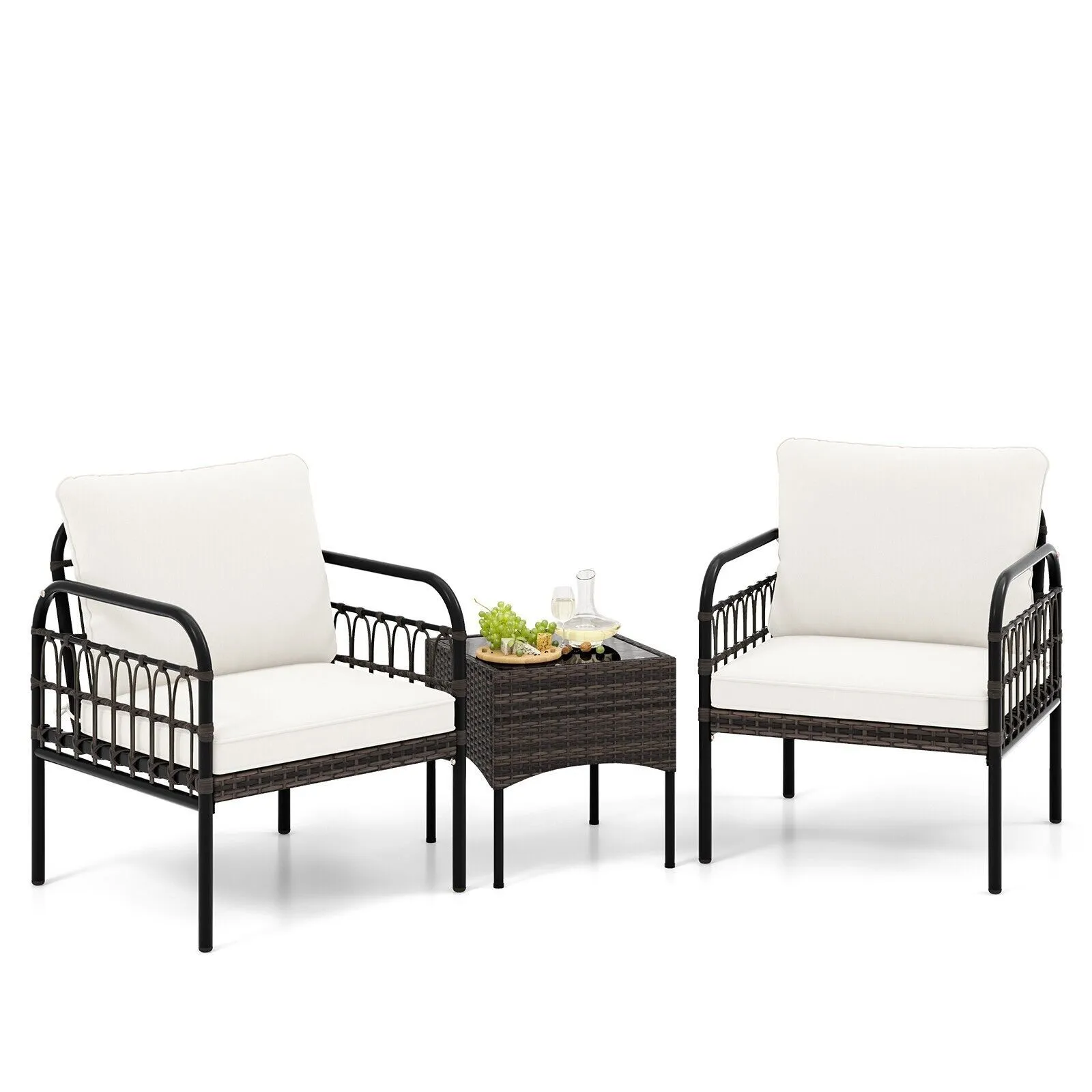 Costway 3 Pieces Rocking Bistro Set Outdoor Wicker Furniture Tempered Glass Coffee Table in White