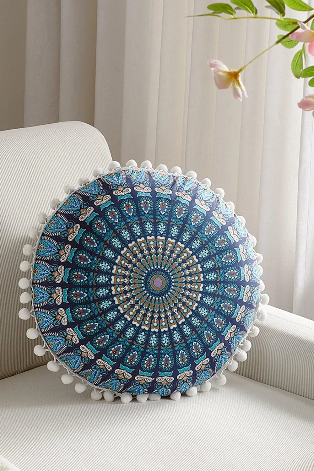 H&O Direct Decorative Ethnic Round Throw Pillow Cover in Blue