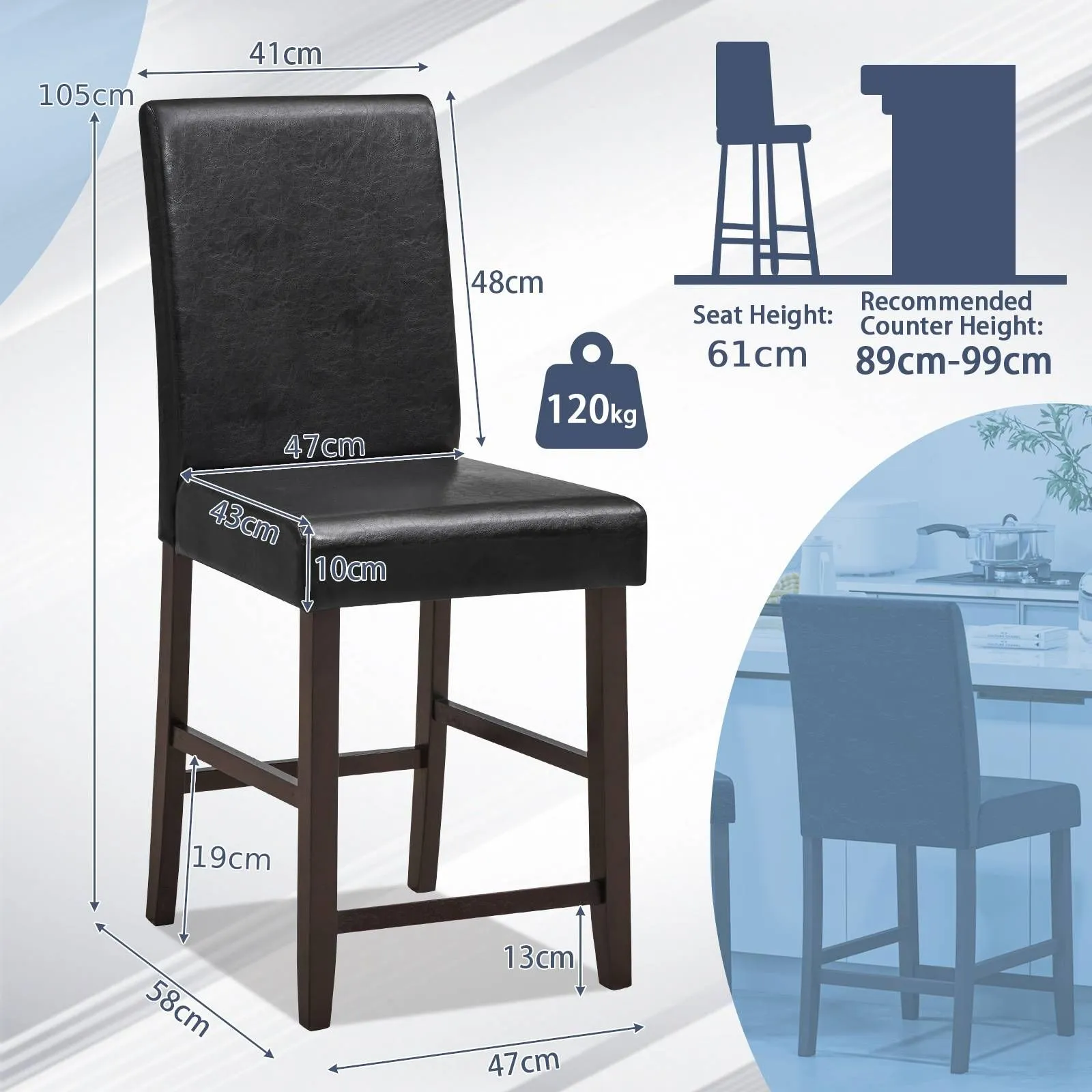 Costway 61cm Bar Stool Set of 2 PU Upholstered Counter Bar Chairs with Solid Rubber Wood Legs & Ergonomic Back in Black 2