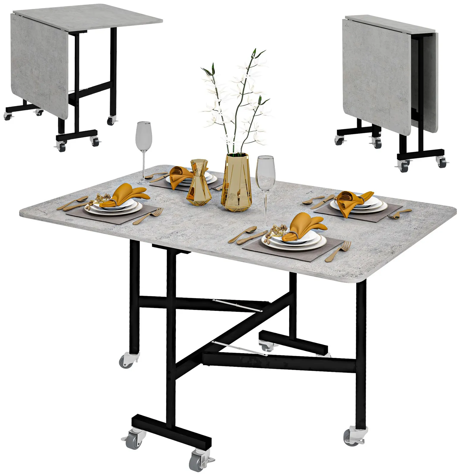 HOMCOM Drop Leaf Table, Folding Dining Table with Metal Frame, Rolling Kitchen Dining Table for Small Spaces, 120cm in Grey