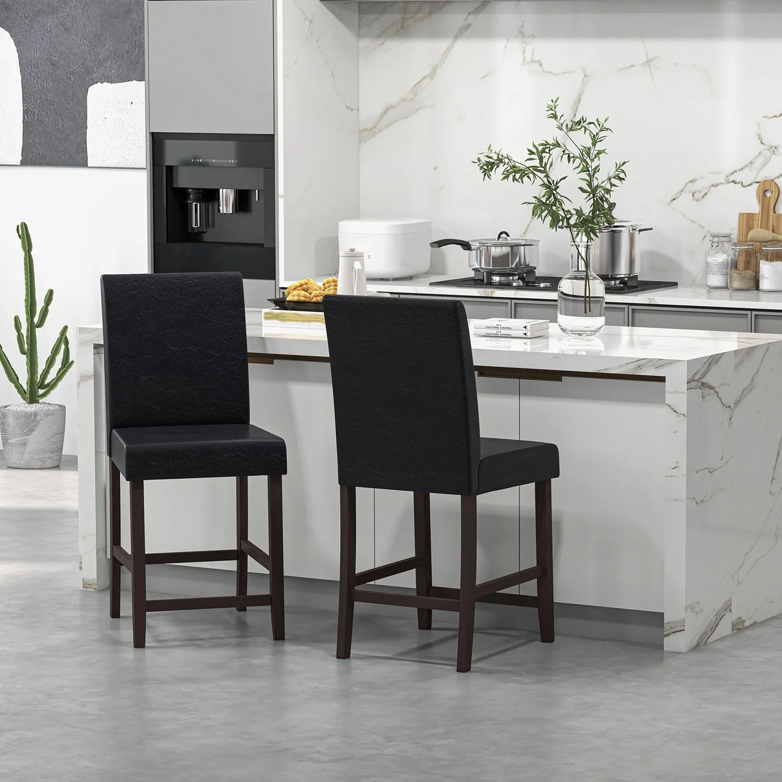 Costway 61cm Bar Stool Set of 2 PU Upholstered Counter Bar Chairs with Solid Rubber Wood Legs & Ergonomic Back in Black 3