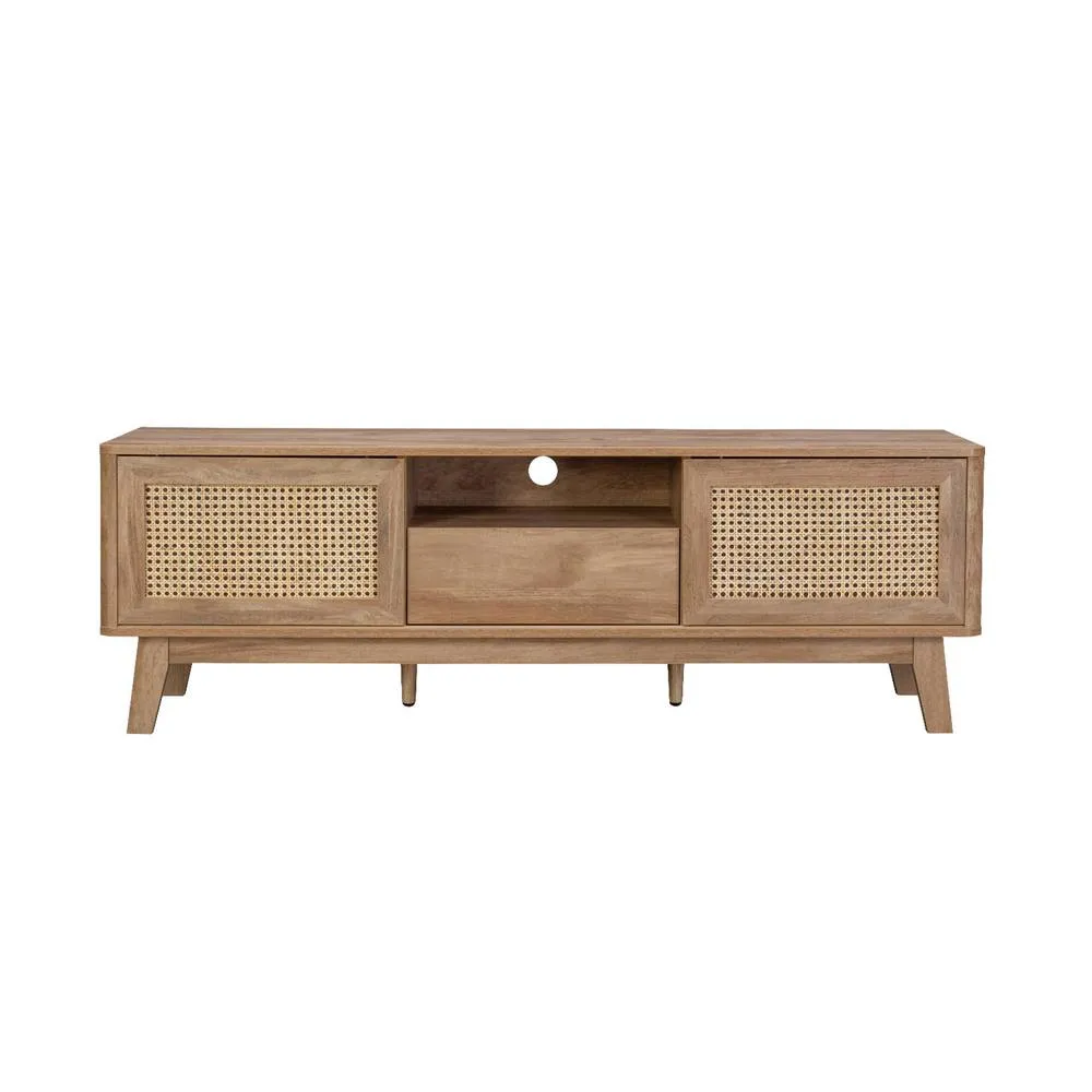 sweeek 150cm TV unit wooden effect & cane 2 sliding doors in Beige 6