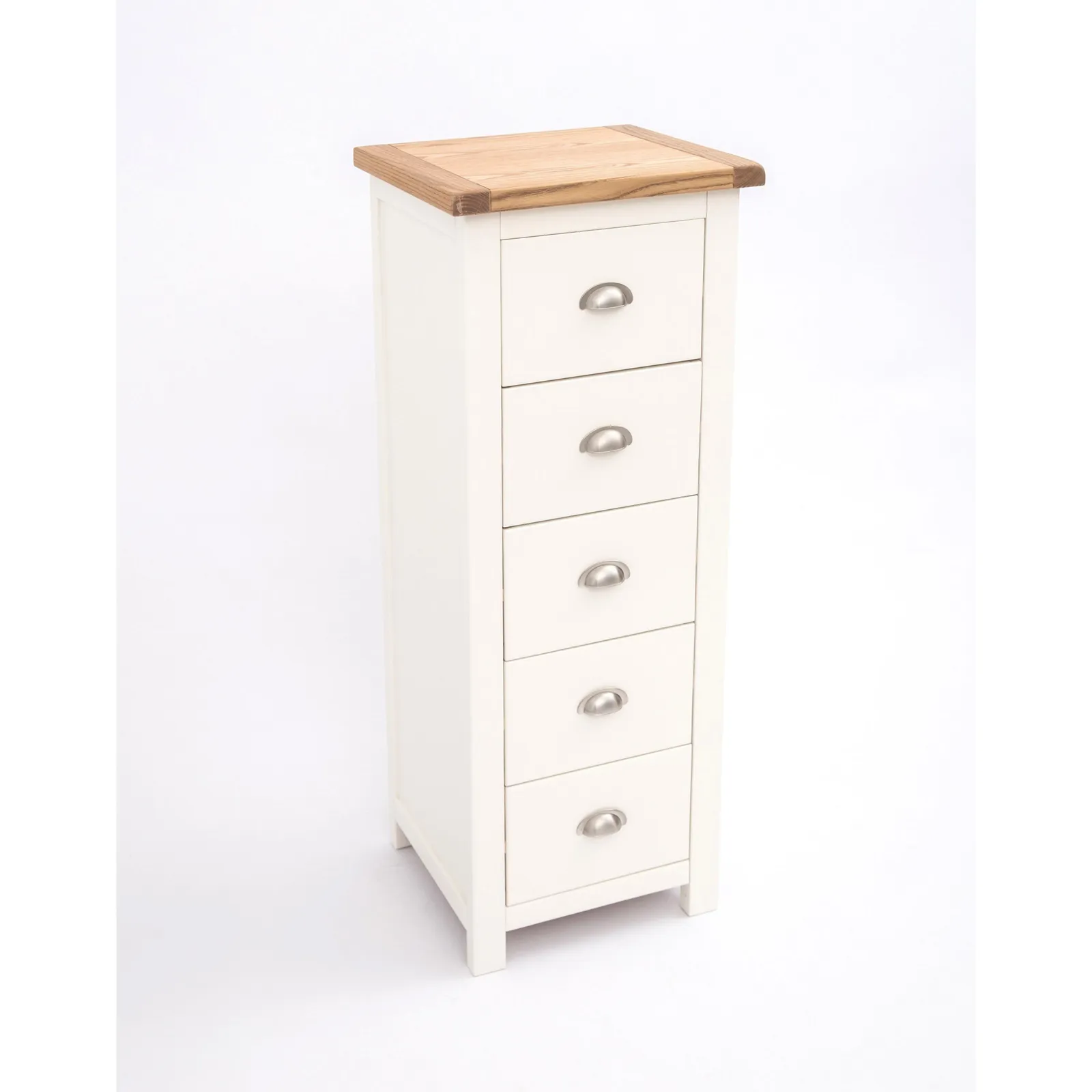 Cabinet Bits Lovere 5 Drawer Narrow Chest of Drawers Chrome Cup Handle in Off-White 4