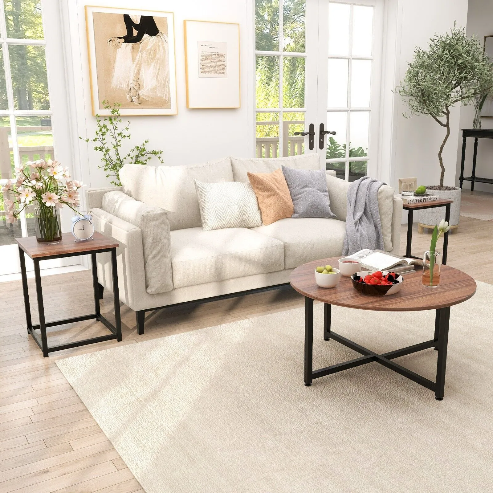 Costway Set of 3 Modern Coffee Table Set Round Coffee Table & 2PCS Square End Tables in Brown 4