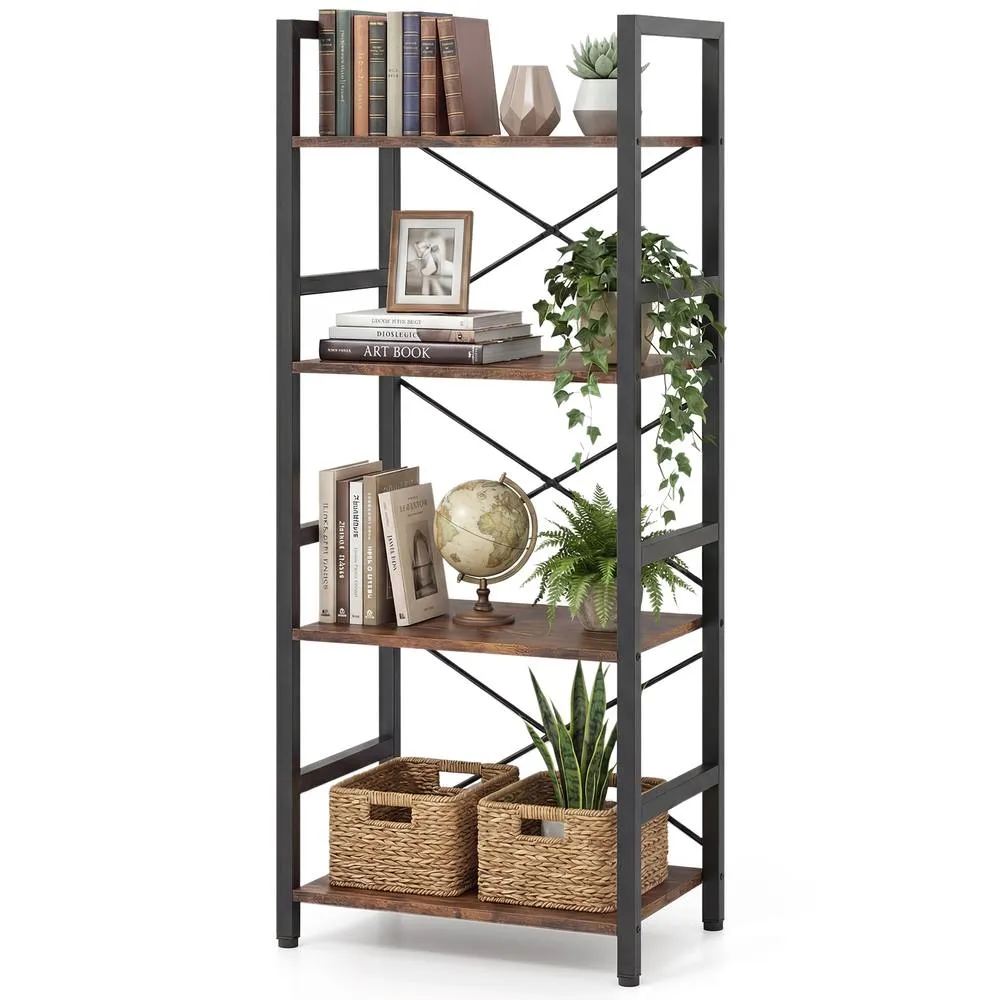 Costway Narrow Bookshelf 4-Tier Freestanding Bookcase Industrial Display Rack in Brown