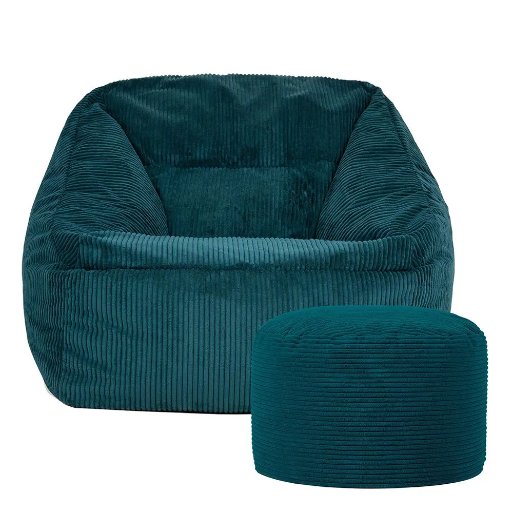icon Corduroy Bean Bag Armchair & Round Beanbag Footstool in Teal