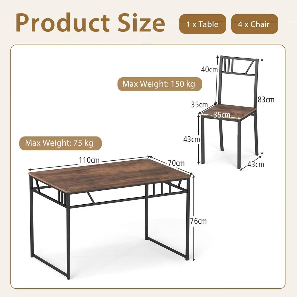 Costway 5 Pcs Dining Table Set Industrial-Style Kitchen Table & 4 Chairs in Brown 2