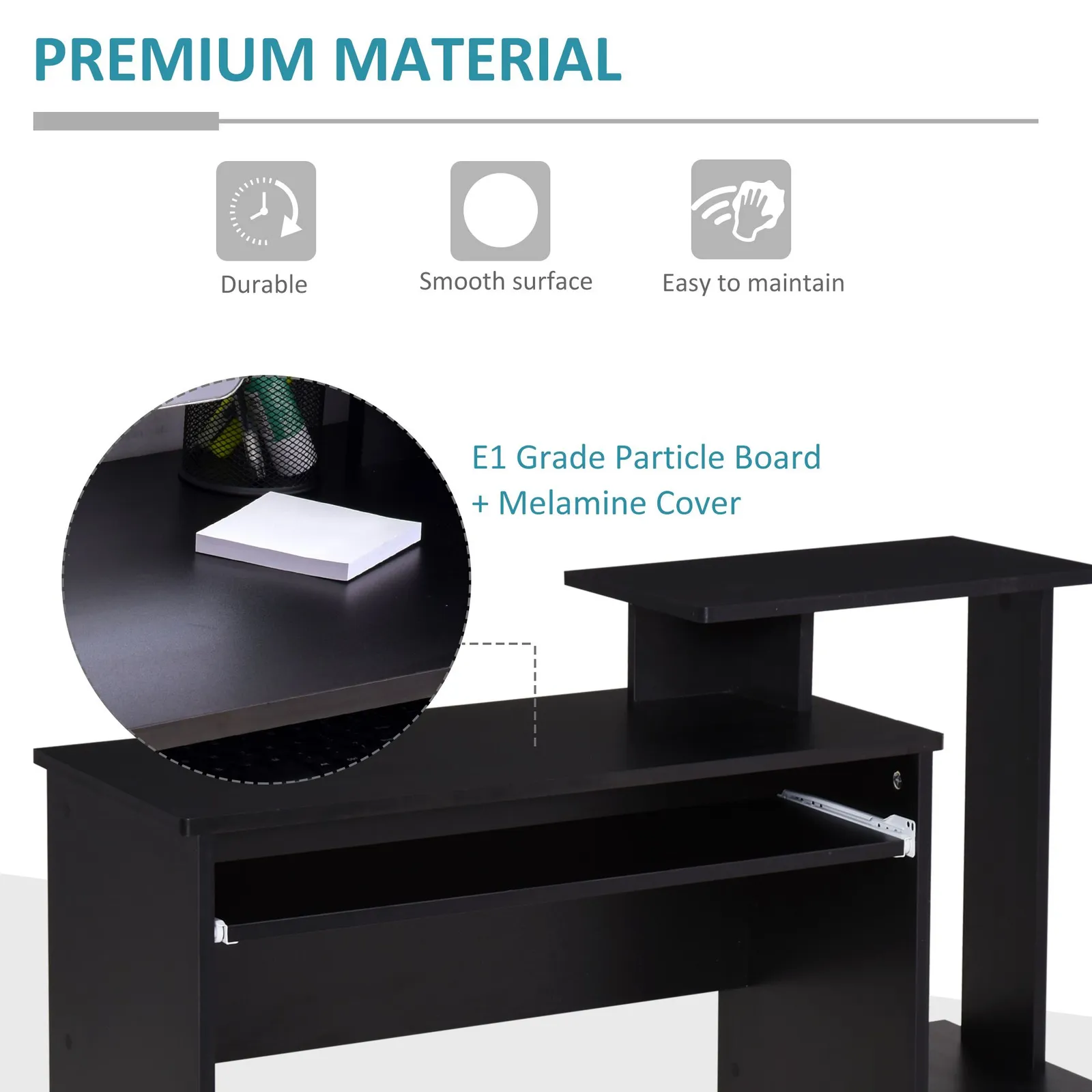 HOMCOM Computer Desk with Sliding Keyboard Tray Storage Drawer Shelf in Black 5