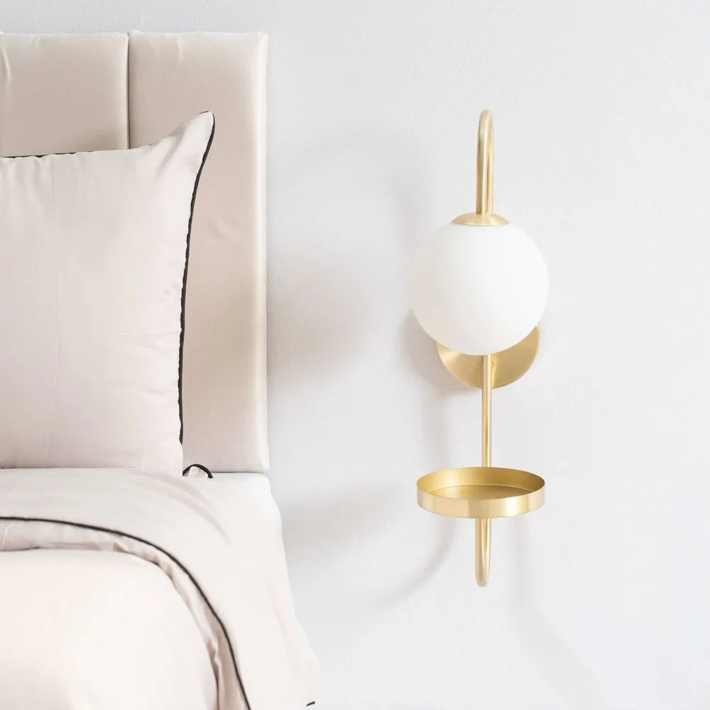 ValueLights Milo Frosted Glass Globe Shade Curved Wall Light with Shelf in Gold 4