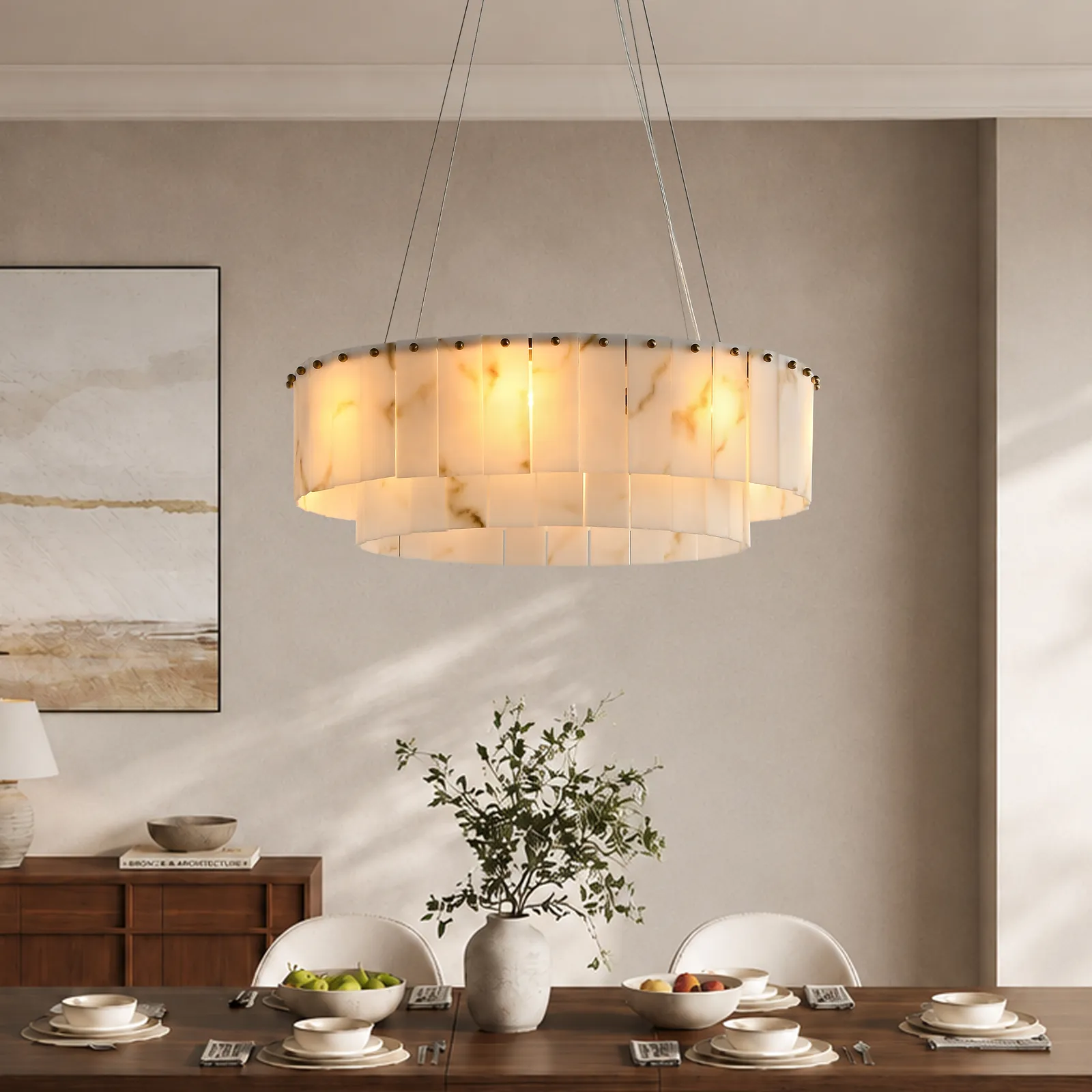 8-Light Tiered Chandelier Alabaster-Look 62cm