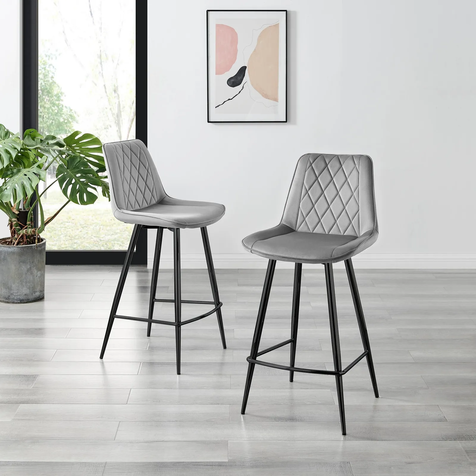 FurnitureboxUK Pesaro Set of 2 Velvet Black Legs Counter Stools in Grey 2