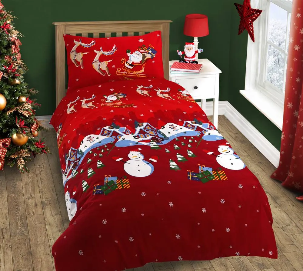 Velosso Santa & Friends Cotton Rich Printed Duvet Cover & Pillowcase Set in Red