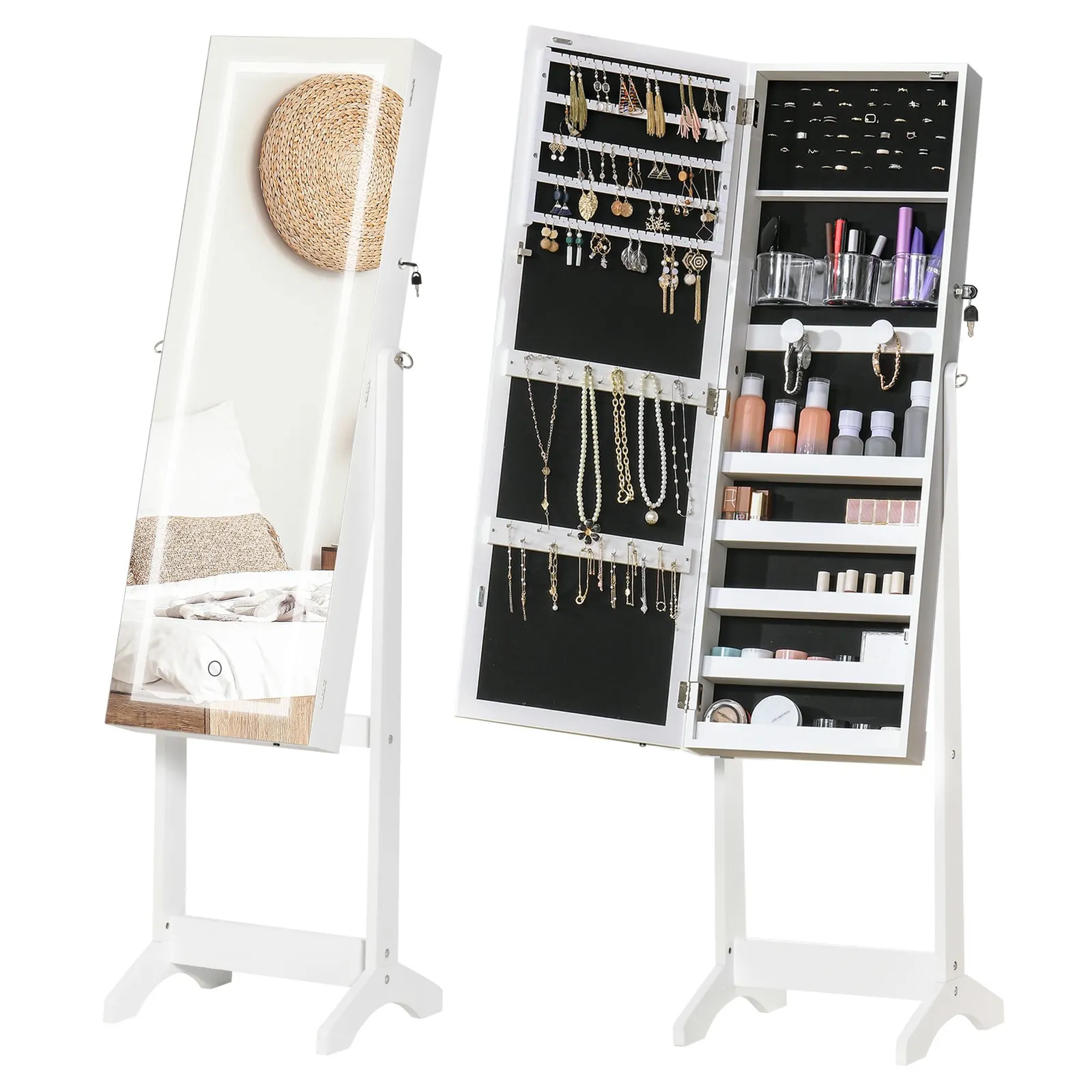 HOMCOM Jewellery Cabinet with LED Light Lockable Jewellery Organiser in White 2