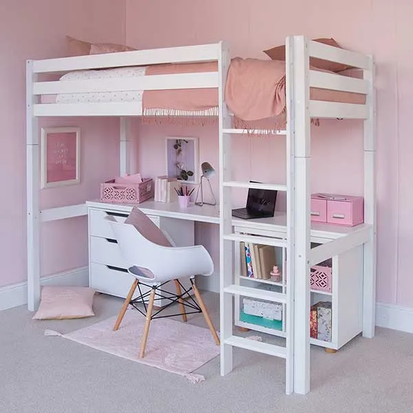 Buddy Childrens Beech Highsleeper Loft Bed With Full Length Desk Stor