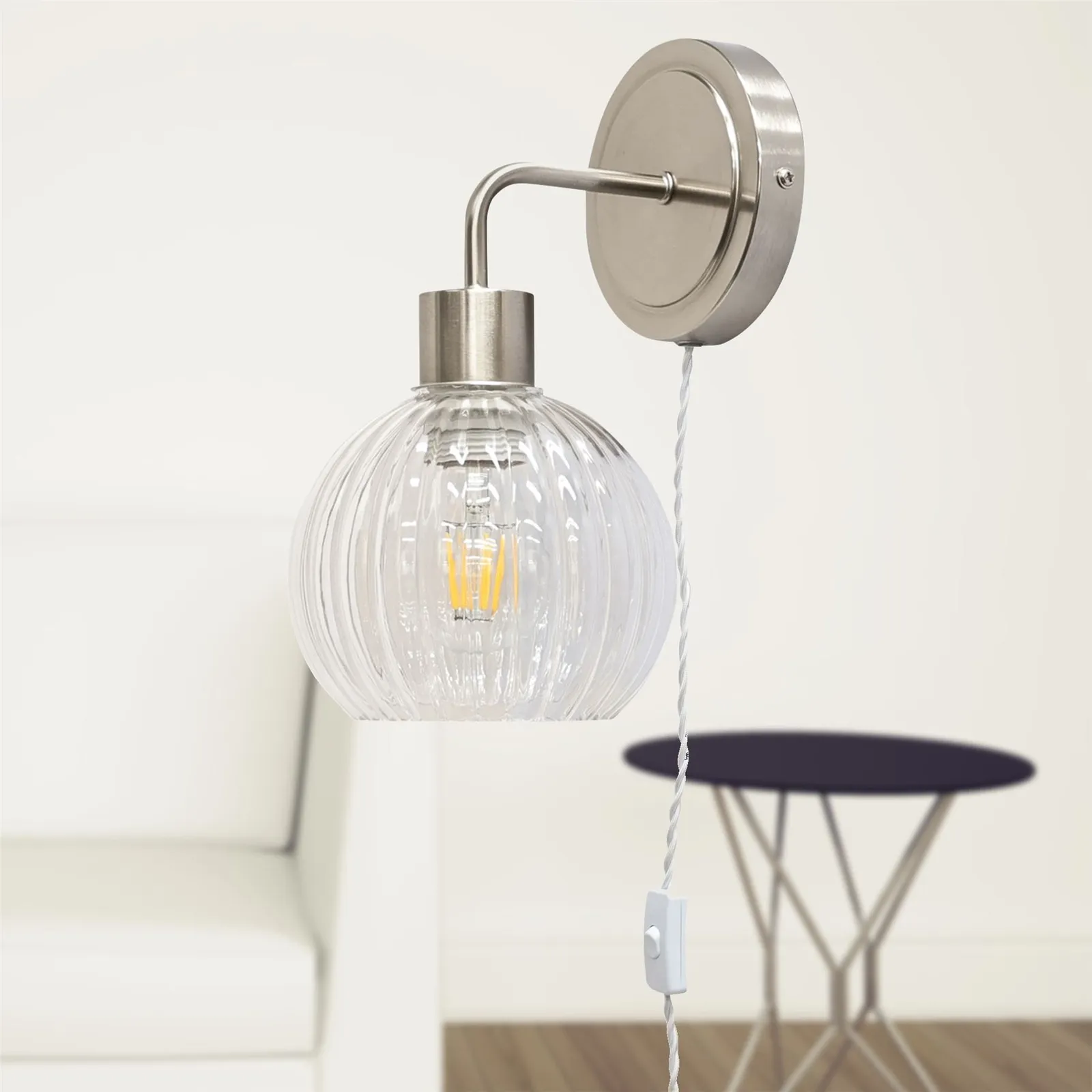 First Choice Lighting Set of 2 Toby - Satin Nickel Plug in Wall Lights Clear Shades in Silver 5