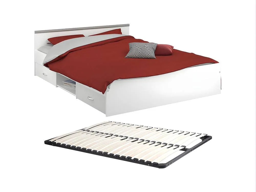 Vente-unique 140 X 190 Cm Bed With Storage, 2 Drawers & 1 Compartment - White +