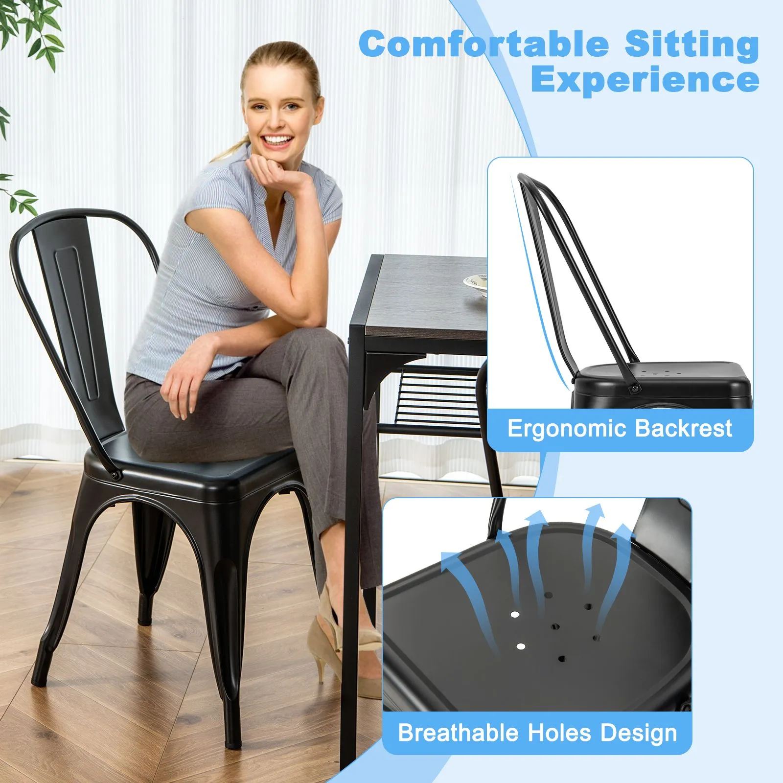 Costway 4PCS Stackable Dinning Chairs Industrial Metal Bar Stools with Removable Backrest in Black 4