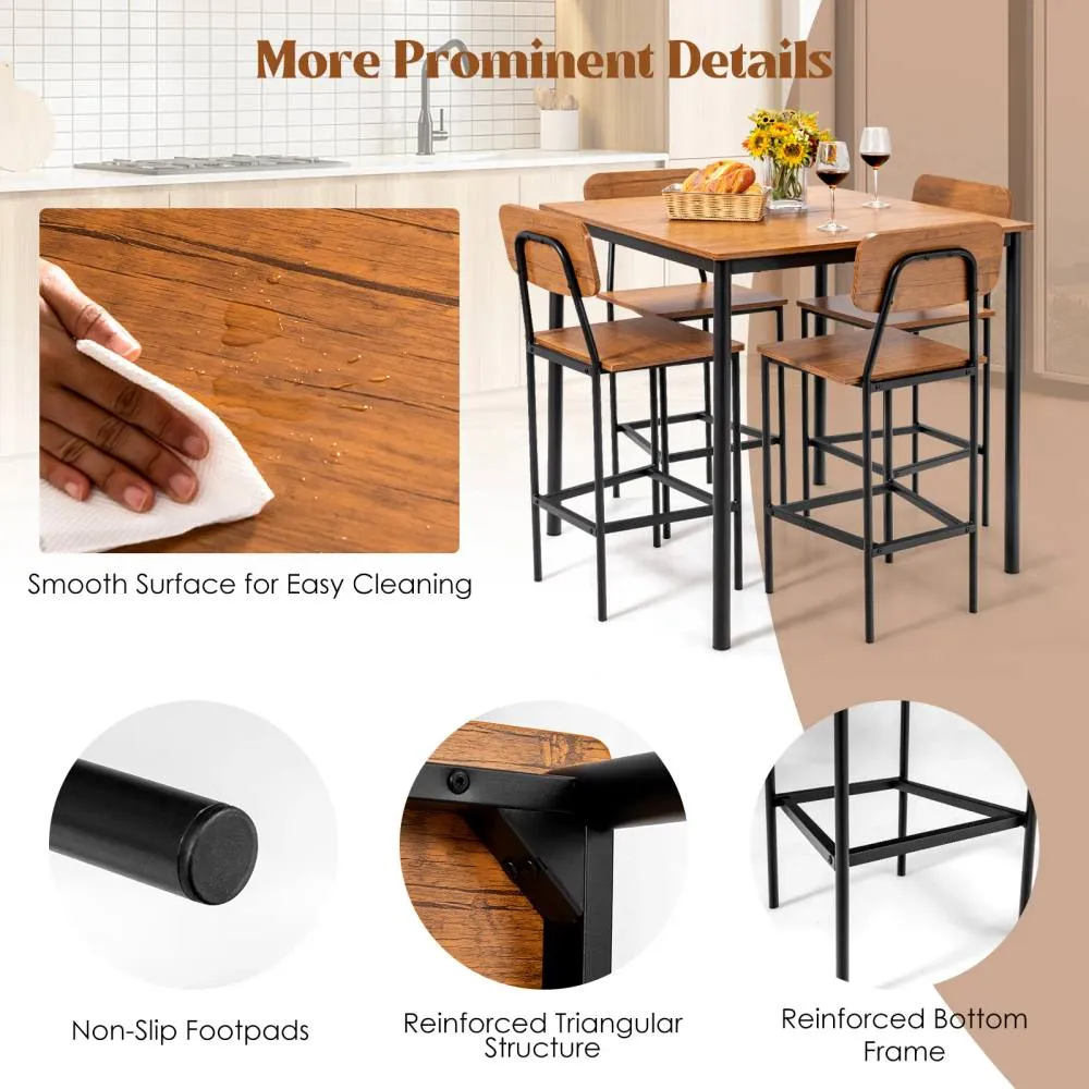 Costway 5PCS Industrial Dining Table Set Kitchen Bar Counter Height Table & 4 Stools in Brown 4