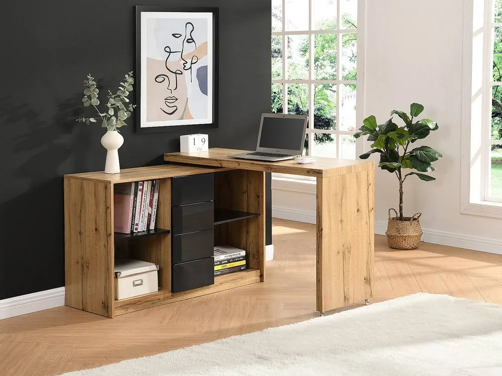 Vente-unique Extendable Desk With 360° Swivel Top - Natural & Black MDF - PAVELO