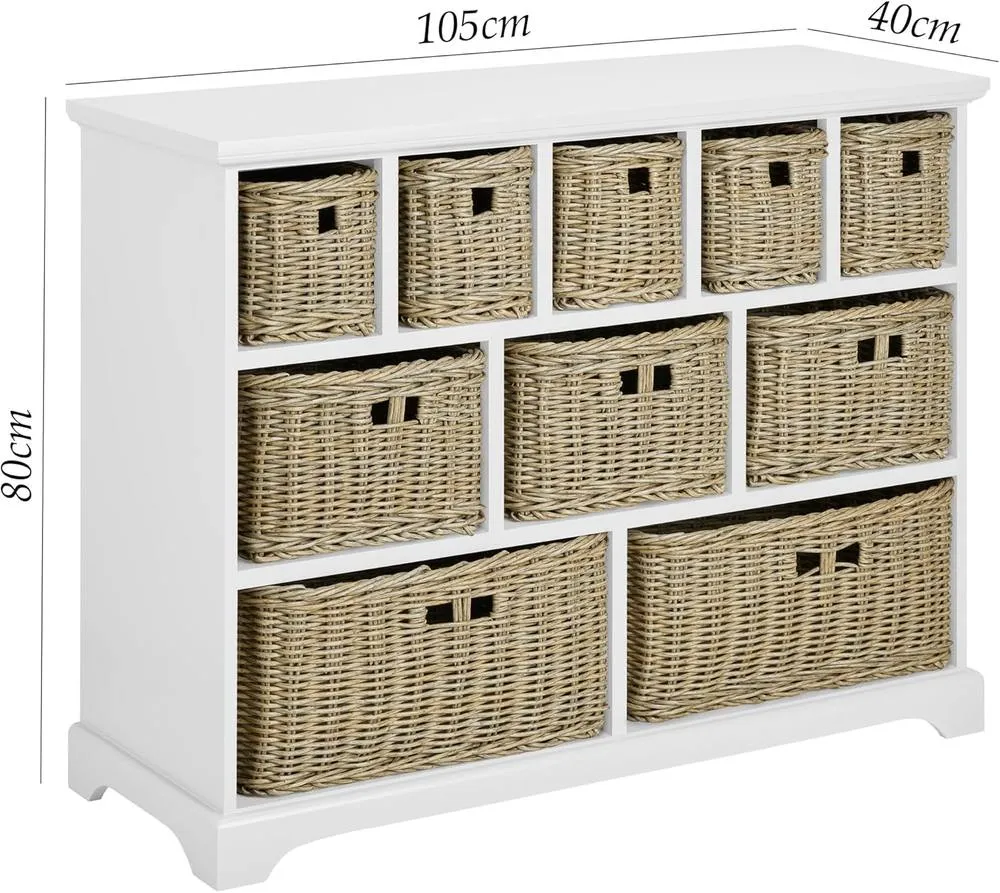 Statement Furniture Tetbury 10 Drawer Storage Unit with Brown Faux Wicker Baskets in White 3