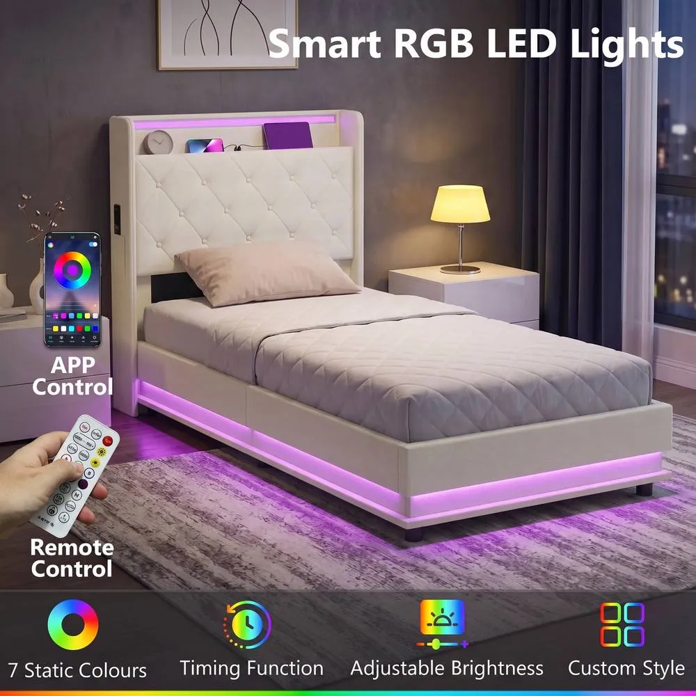 HOMCOM Lift up Storage Bed Frame with RGB LED Lights 90 x 190cm Cream White 5