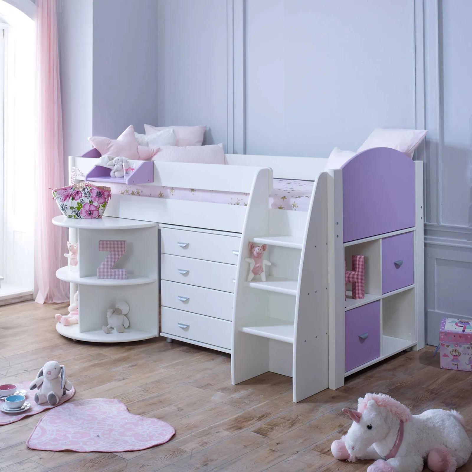 Eli E Childrens Midsleeper Bed with pull out Desk, Storage and Chest