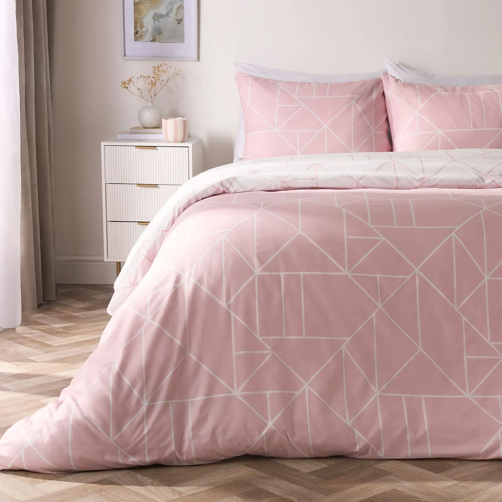 OHS Geometric Reversible Bedding Set Soft Duvet Cover with Pillowcase in Pink
