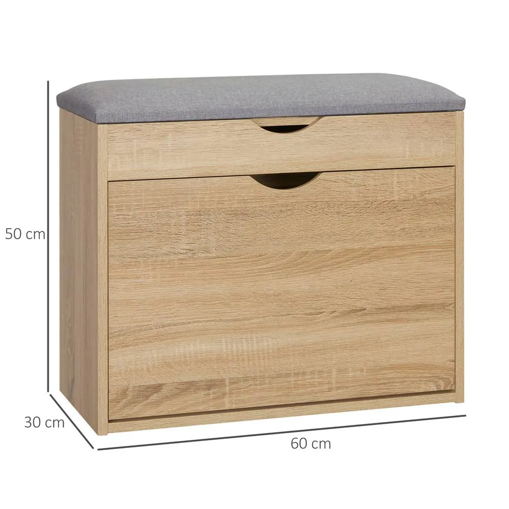 HOMCOM Upholstered Shoe Storage Bench with Flip-up Cabinet, Hidden Space in Natural 3