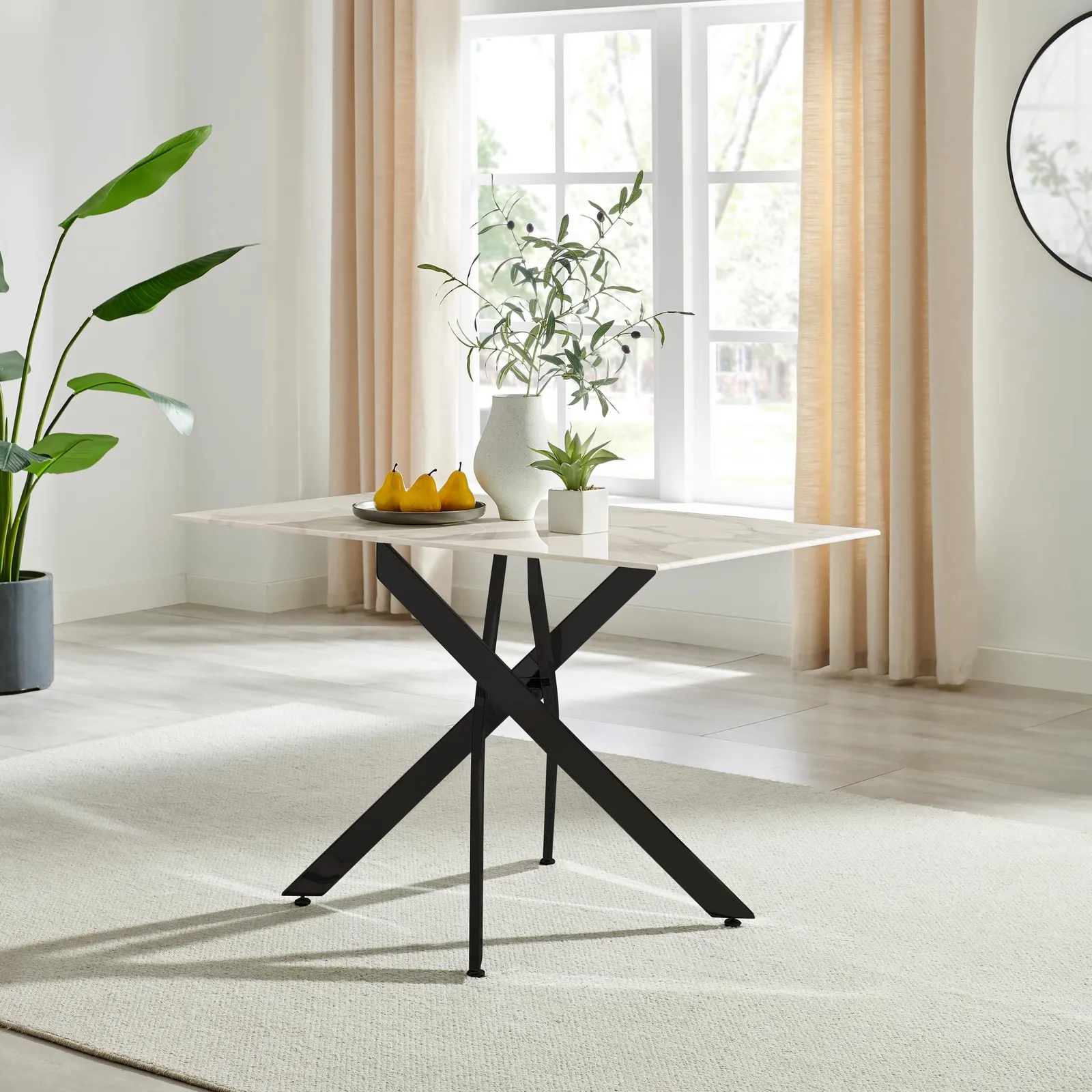 FurnitureboxUK Leonardo 4-Seater Dining Table With Marble Effect Glass Top & Black Metal Legs in White 2